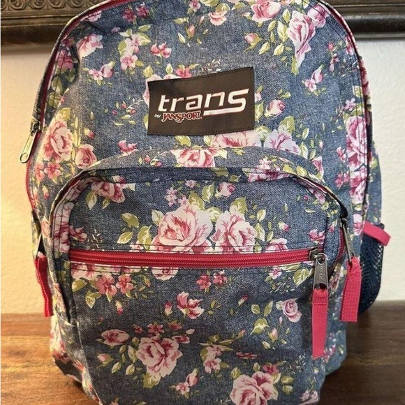 Handout Trans backpack floral design pink roses blue denim. Color: blue/pink - Picture 13 of 14